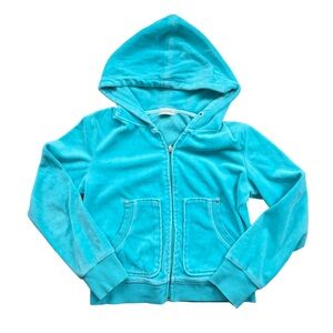 Vintage Y2K Bebe Aqua Blue Zip Up Velour Sweater Hoodie Rhinestone Heart